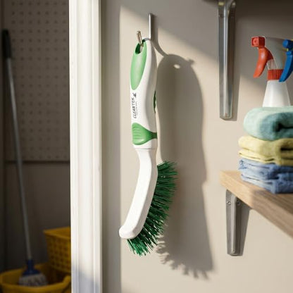 Restaurantware Grout Brush 1 Pack of 9 Tile Scrubbing Brush Stiff Bristle Ergonomic Handle Angled Head Narrow Design Green and White Plastic Cleaning Tool