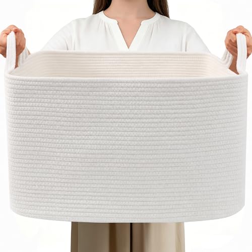 Large Blanket Basket,Woven Rope Basket Storage Bin with Handles,65L Rectangle Laundry Basket for Magazines,Toys,Clothes,Newspaper Shelf Organization,Nursery and Living Room,White - color: White, size: 21"x16"x12"(65L)