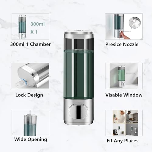 Silver Manual Bathroom Wall Mounted Soap Dispenser, 10oz/300ml Single Bathroom Shampoo and Conditioner Dispenser, Clear Plastic Refillable Liquid Lotion Pump Dispenser and Organizer - color: Silver