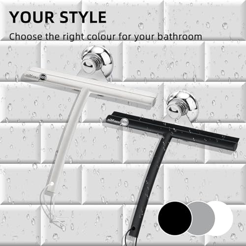 9 Inch Stainless Steel Core Silicone Shower Squeegee with Suction Cup & Hook Streak-Free Wiper for Glass Doors Shower Walls Mirrors Windows Bathroom Cleaning (Grey) - size: Round Head-9 inch（Grey）