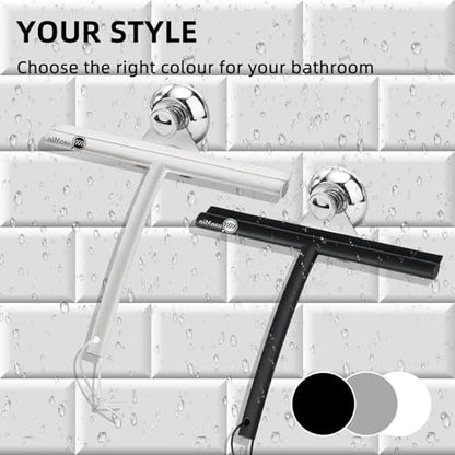 9 Inch Stainless Steel Core Silicone Shower Squeegee with Suction Cup & Hook Streak-Free Wiper for Glass Doors Shower Walls Mirrors Windows Bathroom Cleaning (Grey) - size: Round Head-9 inch（Grey）