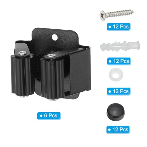 PATIKIL Broom and Mop Holder, 6 Pack Wall Mounted Stainless Steel Mop Hanger Heavy Garden Tool Organizer Rack Hanging Clips with Screws for Home Garage, All Black - color: All Black