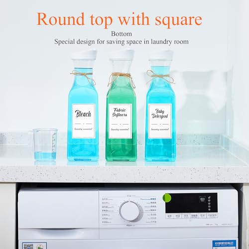Hushee 4 Pcs Laundry Detergent Dispenser Bottle 51oz with Measure Cup Labels for Laundry Detergent Soap Fabric Softener Bleach Scent Booster Beads Bottle for Laundry Room Decor