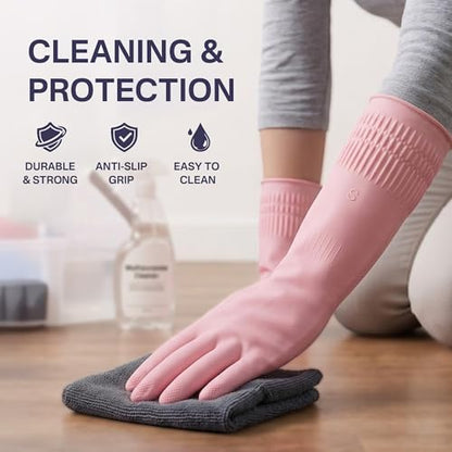Rubber Dishwashing Gloves, 3 Pairs, Reusable Cleaning Dish Gloves for Kitchen, Non-Slip, Waterproof Dish Washing, Long Cuff for Woman (Red+Pink+Green, Medium)