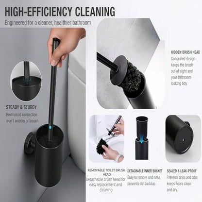 Matte Black Toilet Brush with Long Handle, Stainless Steel Toilet Bowl Brush and Holder Set, 2 in 1 Wall Mount Freestanding Splash Proof Toilet Brush for Bathroom Home RV