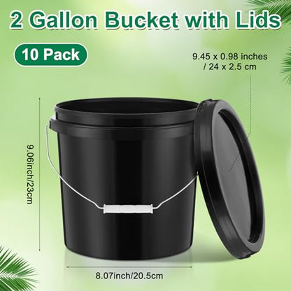 Tioncy 10 Pcs 2 Gallon Plastic Bucket with Lid Heavy Duty 2 Gallon Bucket Pail with Lid Handle for Storage Container Home Household Cleaning (Black) - color: Black