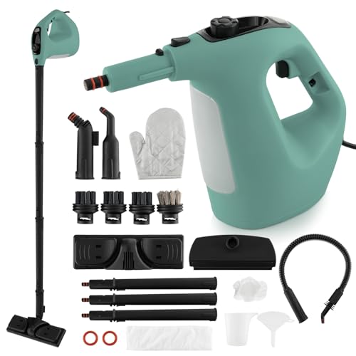 COSTWAY Handheld MultiPurpose Steam Cleaner with 17 Pieces, 350ml Large Capacity Steam Mop Continuous Fill water, Portable Chemical-Free Steamer for Home Use, Floors, Windows, 1400W, Green - color: Green