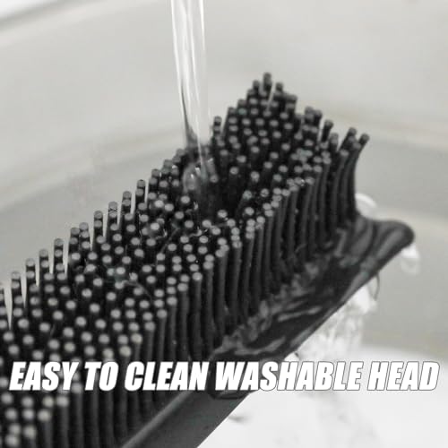 Rubber Broom and Dustpan Set,Pet Hair Removal Rubber Broom with Squeegee and Stainless Steel Dust Pan,Carpet Rake Push Broom and Dustpan for Fluff Hardwood Floor Tile (Black) - color: Black