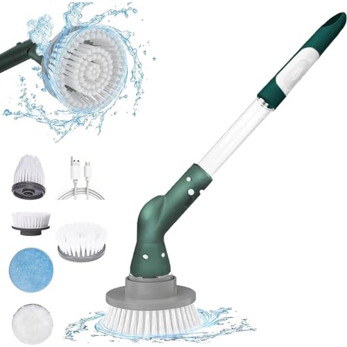 Electric Spin Scrubber,Cordless Spin Scrubber with 4 Replaceable Brush Heads and Adjustable Extension Handle,Power Cleaning Brush for Bathroom Floor Tile,Cordless Shower Scrubber Shower Cleaning Brus - color: Green