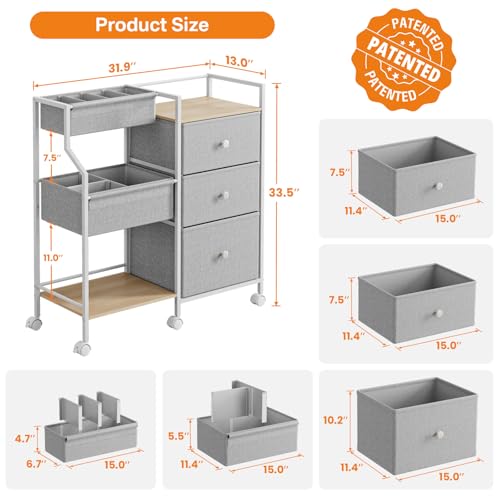 Modanais Baby Organizer and Storage - 3 Tier Rolling Cart with Dividers and Drawers, Easy To Assemble, Mobile Utility Cart with Wheels for Nursery, Bedroom, Changing Table & Crib,Light Gray - color: Light Gray