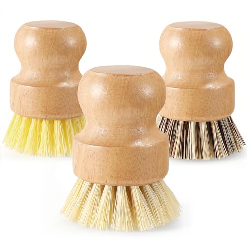 Wooden Dish Brush with Metal Stand Handheld Bamboo Wok Brush Scrubber for Dishes Pans Pots Fruit and Veggie Washing(3,Beige Brown Yellow) - color: Beige Brown Yellow