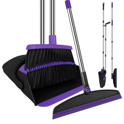 Broom with Dustpan Combo Set and Silicone Air Broom Kit, 51" Long Handle Floor Squeegee, Purple Household Kit for Glass Window Rugs Pet Hair Home - color: Purple