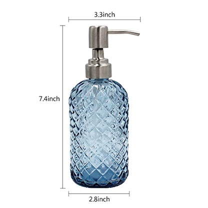 16 oz Diamond Pattern Glass Soap Dispenser, Kitchen and Bathroom Refillable Soap Dispenser with Rust Resistant Stainless Steel Pump for Hand Soap, Lotion Glass Liquid Dispenser (Blue) - color: Blue