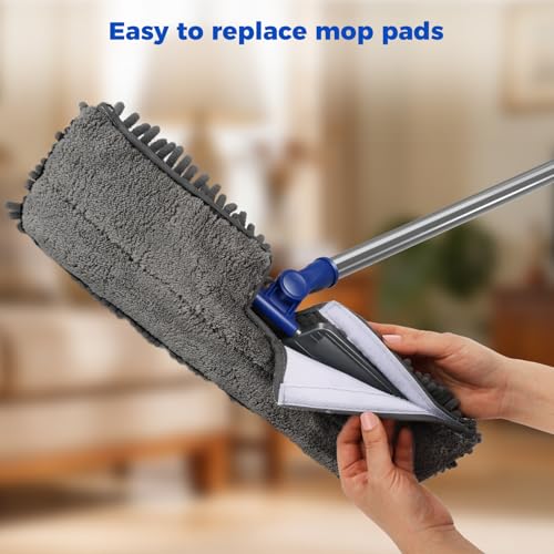 Masthome Microfiber Flat Mop, 16" Wide Floor Mop with 4 Reusable Pads & Hair Scraper, 360° Swivel Dual Sided Flip Mops, Wet Dry Dust Mop for Hardwood, Laminate, Tile, Pet Hai - color: Blue Professional