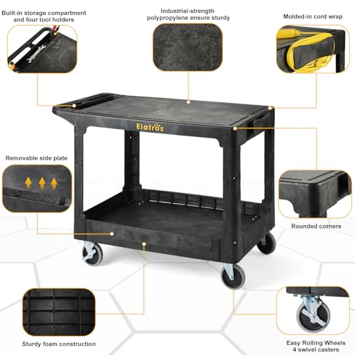 ELAFROS Large Heavy Duty Plastic Utility Cart Flat top 42.5 x 25 Inch - Work Cart Flat Shelves and Full Swivel Wheels Holds up to 550 lbs - 2 Tier Service Cart for Warehouse,Garage, Cleaning Black