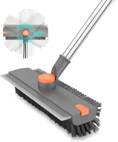 4-in-1 Floor Scrub Brush with Squeegee, Adjustable Long Handle, 360° Rotating Head, Stiff Bristles, Portable Hair Clip, Multi-Purpose