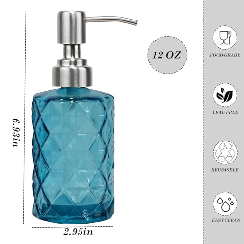 12Oz Blue Glass Soap Dispenser with Stainless Steel Pump, Refillable Kitchen Liquid Hand Soap Dispenser with Diamond Design, for Dispense Hand soap, Dish Soap, Lotion, Bathroom, Countertop, Hotel - color: Diamond Blue