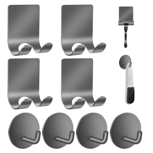 Diesisa Razor Holder for Shower + Adhesive Wall Hooks, Premium 304 Stainless Steel Shower Razor Holder with Heavy Duty Waterproof Sticky Hooks for Hanging Towels, Coat, hat (4+4 Pack) - Grey - color: Grey--8pcs