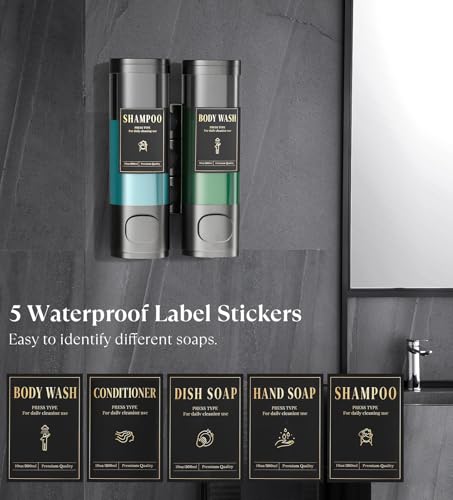 Luxspire Shampoo and Conditioner Dispenser, No Drill Wall Mounted Shower Soap Dispenser 2 Chamber with Waterproof Labels, Easy Refill Soap Dispenser for Bathroom Hotel Kitchen, Gray - color: Gray, size: 2 Chamber