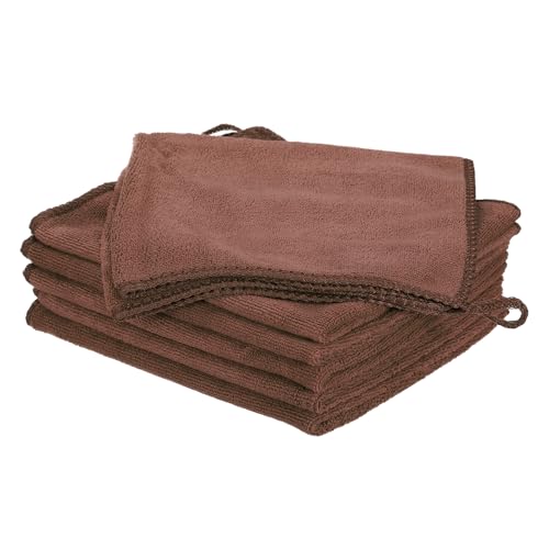 HARFINGTON 6 Pack Microfiber Cleaning Cloth, 16" x 12" Multi-Functional Cleaning Towels Reusable Absorbent Rags with Hook for Car Wash Kitchen Household Window Clean, Brown - color: Brown, size: 16" x 12"