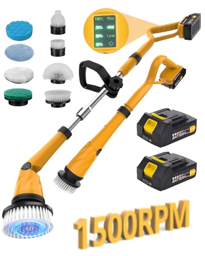Qimedo 1500 RPM Electric Spin Scrubber with Two Batteries Q2 Pro, Cordless Battery Powered Shower Scrubber,Electric Tile Floor Scrubber with Display for Grout/Tile/Tub (Effortless Handle/8 Brushes) - color: Yellow
