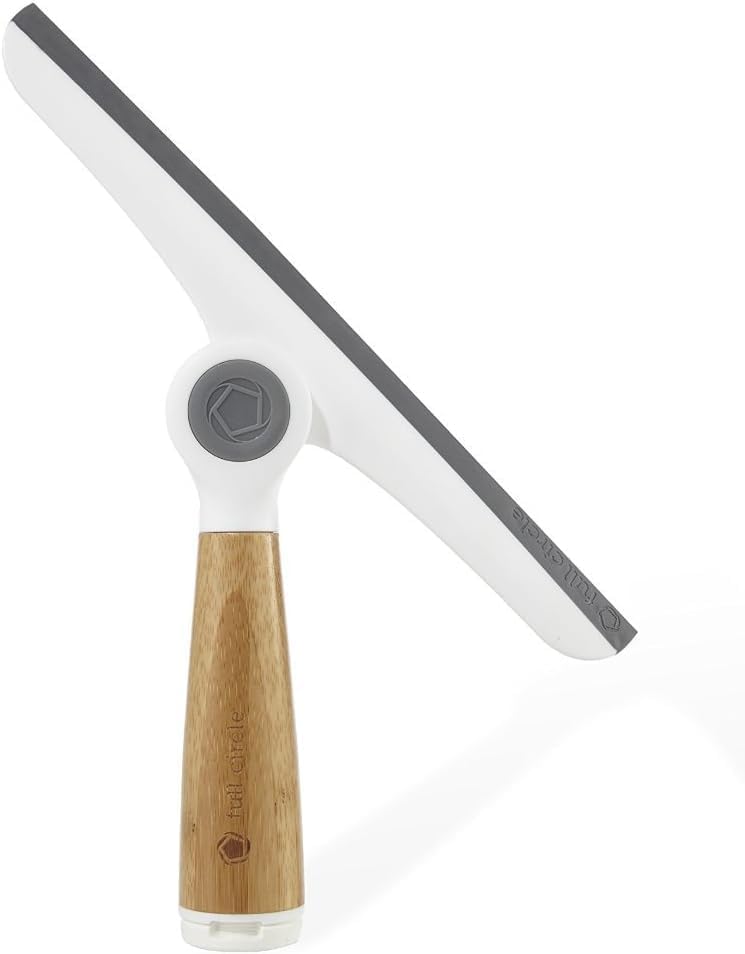 Full Circle Wipe Out, Pivoting Shower Squeegee with Hanging Hook and Suction Cup, Durable Bamboo Handle, White