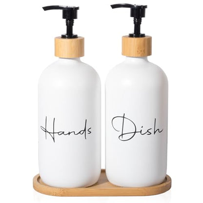 17 oz Hand Soap Dispenser Empty Glass Lotion Pump Bottles, Refillable Liquid Dish Soap Bottles for Bathroom, Kitchen Sink, White, 2 Pack - color: White, size: Hand + Dish