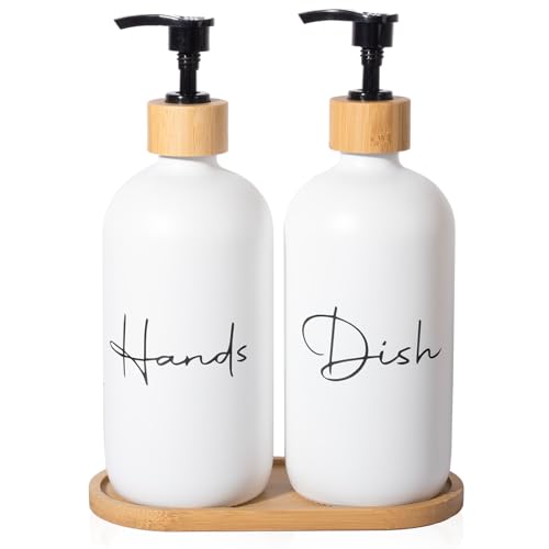 17 oz Hand Soap Dispenser Empty Glass Lotion Pump Bottles, Refillable Liquid Dish Soap Bottles for Bathroom, Kitchen Sink, White, 2 Pack - color: White, size: Hand + Dish