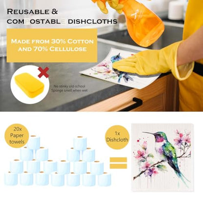 Bird Swedish Dishcloths 2 Pcs for Kitchen, Absorbent Reusable Cellulose Sponge Cloths, Washable Eco Friendly Kitchen Towels for Housewarming & Home, Nature Themed Cleaning Supplies - color: Sz 1439