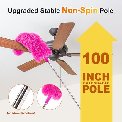 Tiumso 5-in-1 Duster with Extension Pole 100 inch Extendable Dusters for Cleaning Anti-Spin Reusable Dusting Kits for High Ceiling Fans, Cobwebs & Vents, Reinforced Stainless Steel Telescopic Handle - color: Rose Red