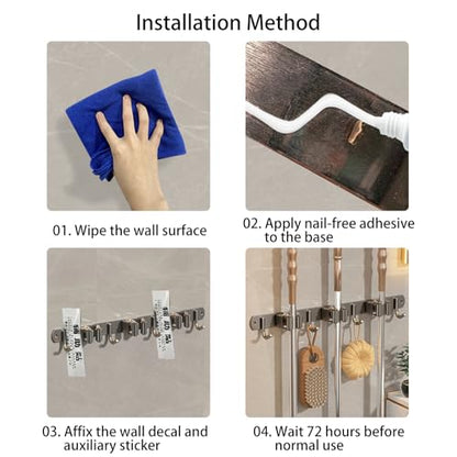 Wall-Mounted Broom Holder Stainless Steel Mop Storage Rack Laundry Room Storage Solution Suitable for Kitchens, Gardens, Garages (Gray: 5 clips with 6 hooks) - color: Gray: 5 clips with 6 hooks