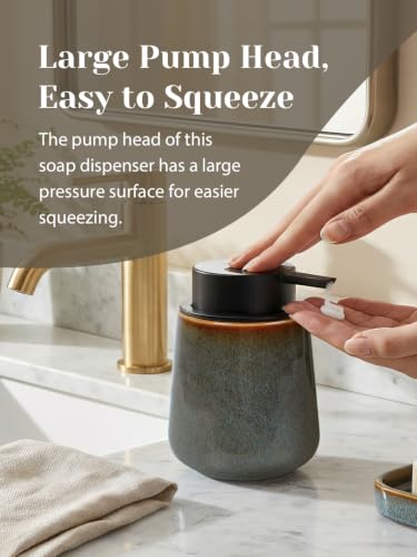 INGOFIN Ceramic Lotion Dispenser - 12 oz Refillable Hand Soap Dispenser Bathroom, Modern Liquid Dispenser with Pump, Dish Soap Dispenser for Kitchen,Kiln-Glazed Green - color: Kiln-glazed Green-liquid