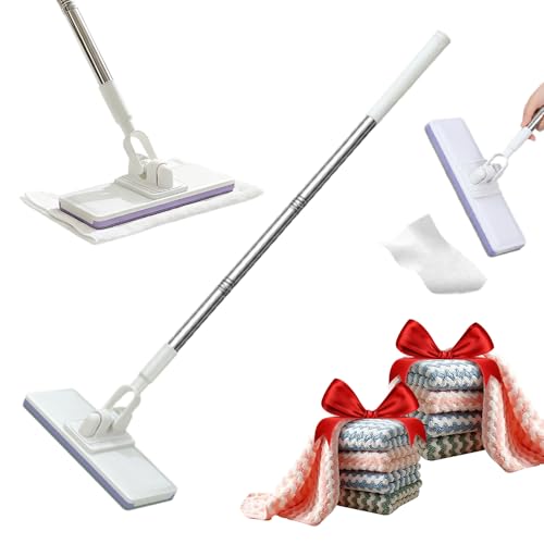Disposable Dust Mop with 10 Reusable Cloths, 2026 New Convenient Cloth Changing Mini Mop 38" Long Handle Wet and Dry Flat Mopping, Sweeper Stick Lightweight Snap for Corners Multi Surface (10 Clothes) - color: 10 Clothes