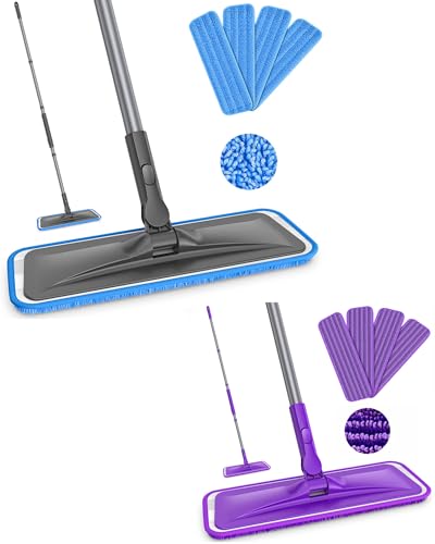 Grey Flat Floor Mop with 4 Reusable Microfiber Pads for Dusting + Purple Flat Floor Mop with 4 Washable Microfiber Pads for Mopping