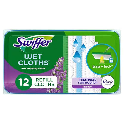 Swiffer Sweep + Mop, Wet Pads Refill, Floor Cleaner for Dirt, Dust, Hair, Cleaning Cloths for Mopping Home, Bathroom, Kitchen, All Purpose Multi-Surface Floor Wipes, Lavender, 12ct - size: 12 Count (Pack of 1)