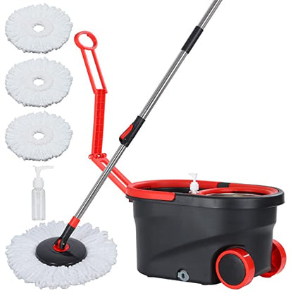 Mop and Bucket Set, 360° Spin Mop and Bucket with Wringer Set and 3 Microfiber Mop Refills, Stainless Steel 61'' Extended Handle Spinning Mop Bucket System for Floor Cleaning - color: Black-3