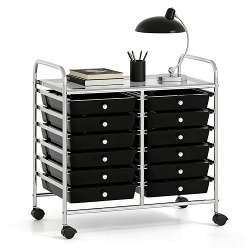 COSTWAY 12-Drawer Rolling Storage Cart, Utility Storage Organizer Cart for Tools, Scrapbook, Paper, Craft, Multipurpose Art Supply Organizer on Wheels for Home Office School, Teacher, Black - color: Black, size: 25"L x 15"W x 24.5”H (12 Drawer)
