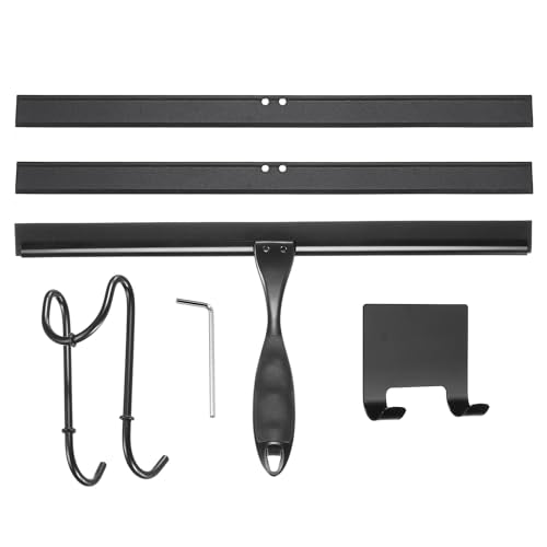 uxcell 14 Inch Shower Squeegee for Glass Doors, Stainless Steel All-Purpose Bath Squeegee with Hooks Holder Square Sticky Hook for Bathroom Window Mirror Car Glass, Black - color: Black