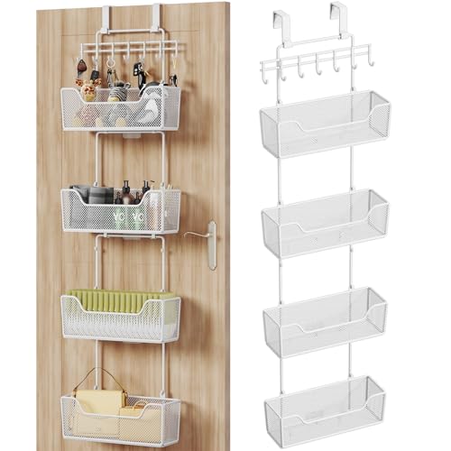 HapiRm Over Door Organizer Storage - Hanging Door Organizer with 4 Metal Large Capacity Baskets and Adjustable Coat Hook for Bathroom Bedroom Kitchen Pantry Closet Cabinet - color: White