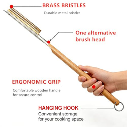 3 Pack 26 Inch Pizza Oven Brush with Scraper and Brass Bristles, Outdoor BBQ Grill Cleaning Brush Copper Wire Pizza Stone with 1 Brush Heads and 1 Screwdriver for Picnic Camping
