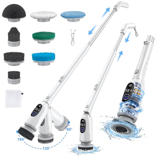 Electric Spin Scrubber, Cordless Shower Scrubber with Adjustable Long Handle, 3 Speeds with IPX7 Bathroom Scrubber, 8 Brush Heads, Electric Cleaning Brush for Bathroom/Kitchen/Bathtub/Crack/Floor/Tile
