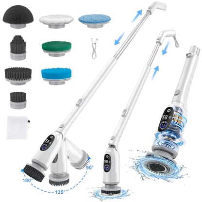 Electric Spin Scrubber, Cordless Shower Scrubber with Adjustable Long Handle, 3 Speeds with IPX7 Bathroom Scrubber, 8 Brush Heads, Electric Cleaning Brush for Bathroom/Kitchen/Bathtub/Crack/Floor/Tile