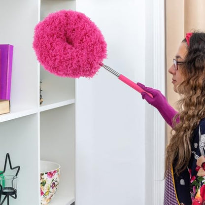 Extendable Cleaning Duster - Household Furniture Dusting Tool, Ceiling Fan Dust Remover | Flexible Telescopic Handle System, Bendable Microfiber Head with Soft Reach for High Area Cleaning - color: Red