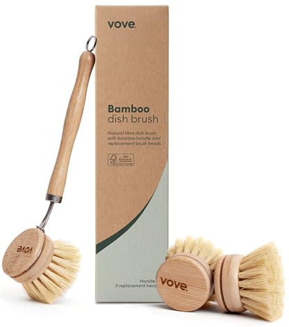 Vove Bamboo Dish Brush with 3 Replacement Heads, Plastic-Free Kitchen Scrub Brush for Pots Pans and Dishes, FSC-Certified Bamboo Handle with Natural Fiber Bristles, Non-Toxic Zero-Waste - style: Brush set - Handle & 3 Replacement Heads