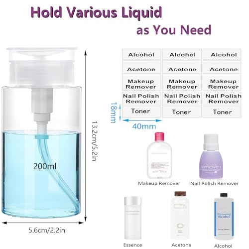 Push Down Pump Dispenser, 6.8oz Clear Pump Bottles with Alcohol, Acetone, Nail Polish Remover, Makeup Remover, Toner Stickers Empty Push Top Container for Liquid (200ml-4Pack) - size: 200ml-4pack