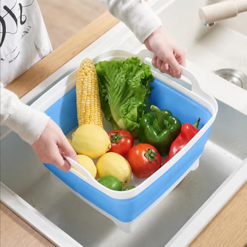 2.4 Gal(9L) Collapsible Dish Basin with Drain Plug, Space Saving Outdoor Multiuse Foldable Sink Tub, Dishpan, Kitchen Storage Tray for Camping, Vegetable Washing, RV (Blue) - color: Blue