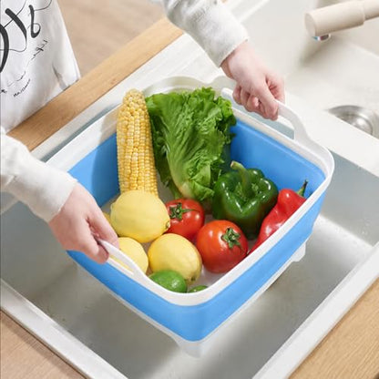 2.4 Gal(9L) Collapsible Dish Basin with Drain Plug, Space Saving Outdoor Multiuse Foldable Sink Tub, Dishpan, Kitchen Storage Tray for Camping, Vegetable Washing, RV (Blue) - color: Blue