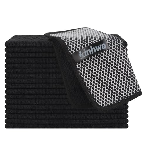 KinHwa Kitchen Washcloths for Dishes Absorbent Microfiber Dish Cloths Quick Dry Dish Rags with Poly Scour Scrub Side Ideal for Kitchen Cleaning (Black, 7inchx7inch 18 Pack) - color: Black, size: 7inchx7inch 18 Pack