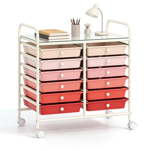 COSTWAY 12-Drawer Rolling Storage Cart, Utility Storage Organizer Cart for Tools, Scrapbook, Paper, Craft, Multipurpose Art Supply Organizer on Wheels for Home Office School, Teacher, Mixed Pink - color: Mixed Pink, size: 25"L x 15"W x 24.5”H (12 Drawer)