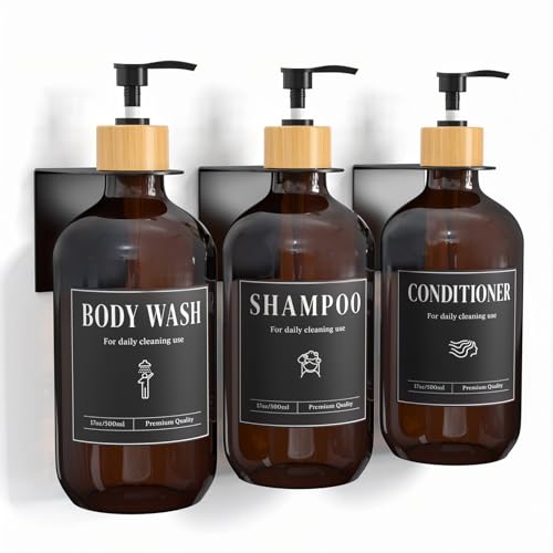 Luxspire Shampoo and Conditioner Dispenser, Shower Soap Dispenser Wall Mounted 3 Sets Plastic Bottles Bamboo Pump, 17OZ Shampoo and Conditioner Bottles for Bathroom, Shower Wall and Hotel, Amber - color: Amber Brown